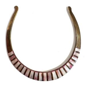 Brass Torque Necklace Choker with Shell Inlay Vintage Statement Collar